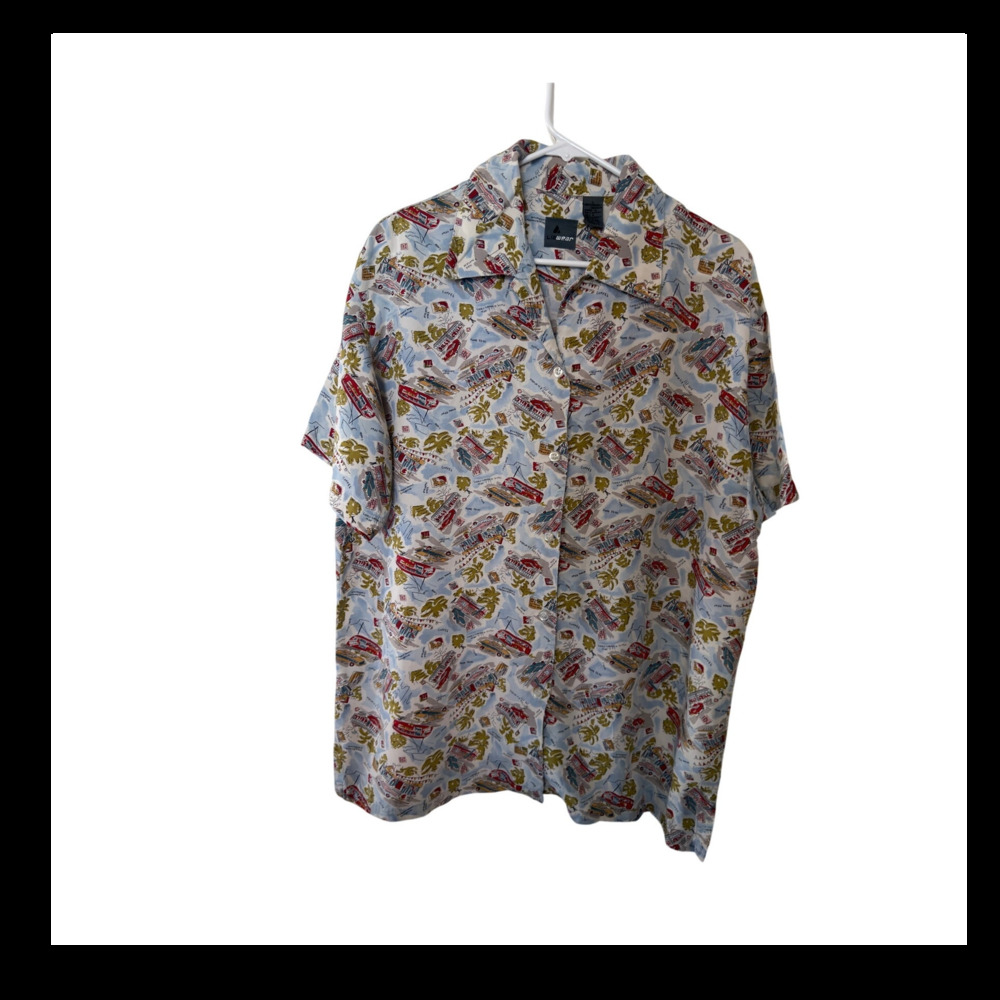 Vintage Lizwear Rayon Button Up Shirt Travel Print Retro Graphic Size L